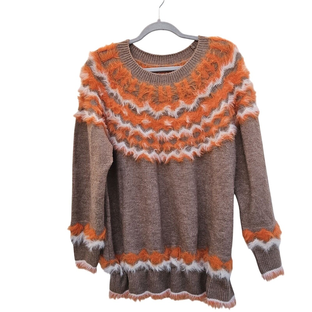 Andrew Marc Sweater XL Tan Orange Fair Isle Eyelash Fringe Fuzzy Artsy Retro